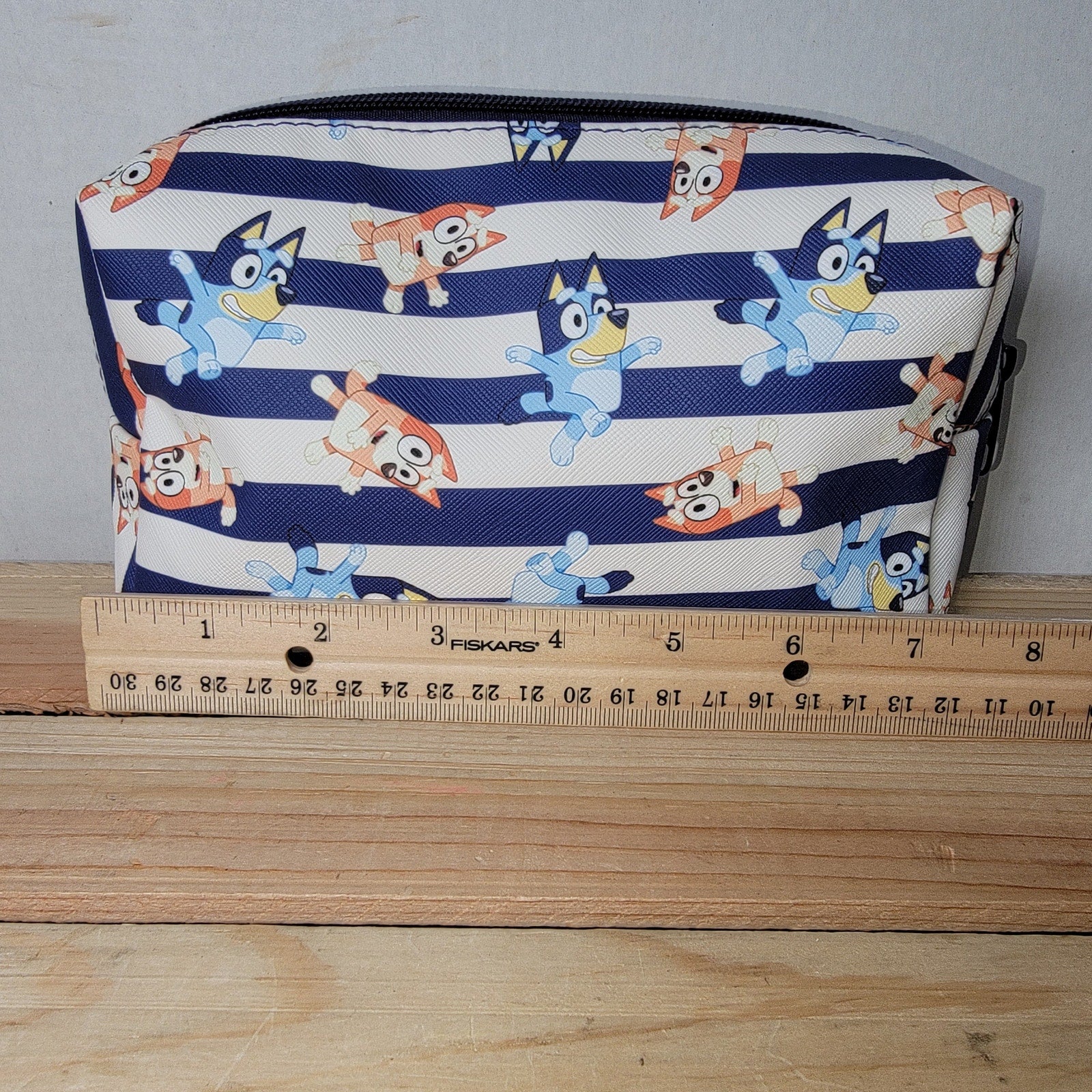 Bluey Blue & White Stripe Cosmetic Bag w/ All Over Characters & Zipper Closure