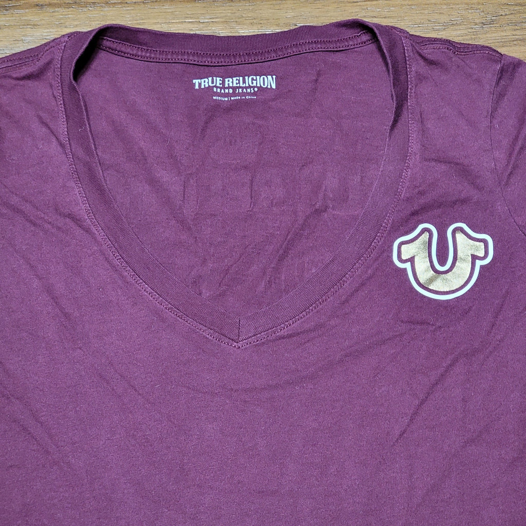 True Religion Burgundy V-Neck Tee "Fashion For The Senses" - Size Medium*