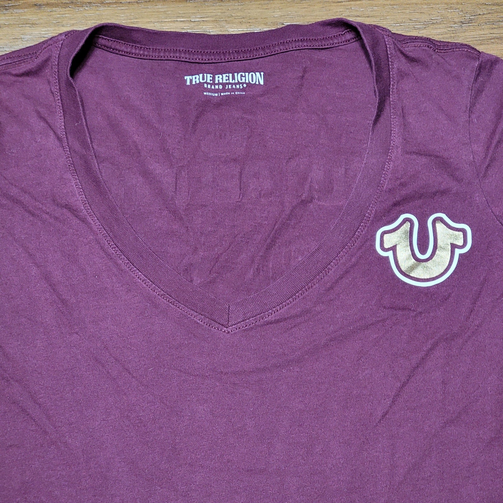 True Religion Burgundy V-Neck Tee "Fashion For The Senses" - Size Medium*