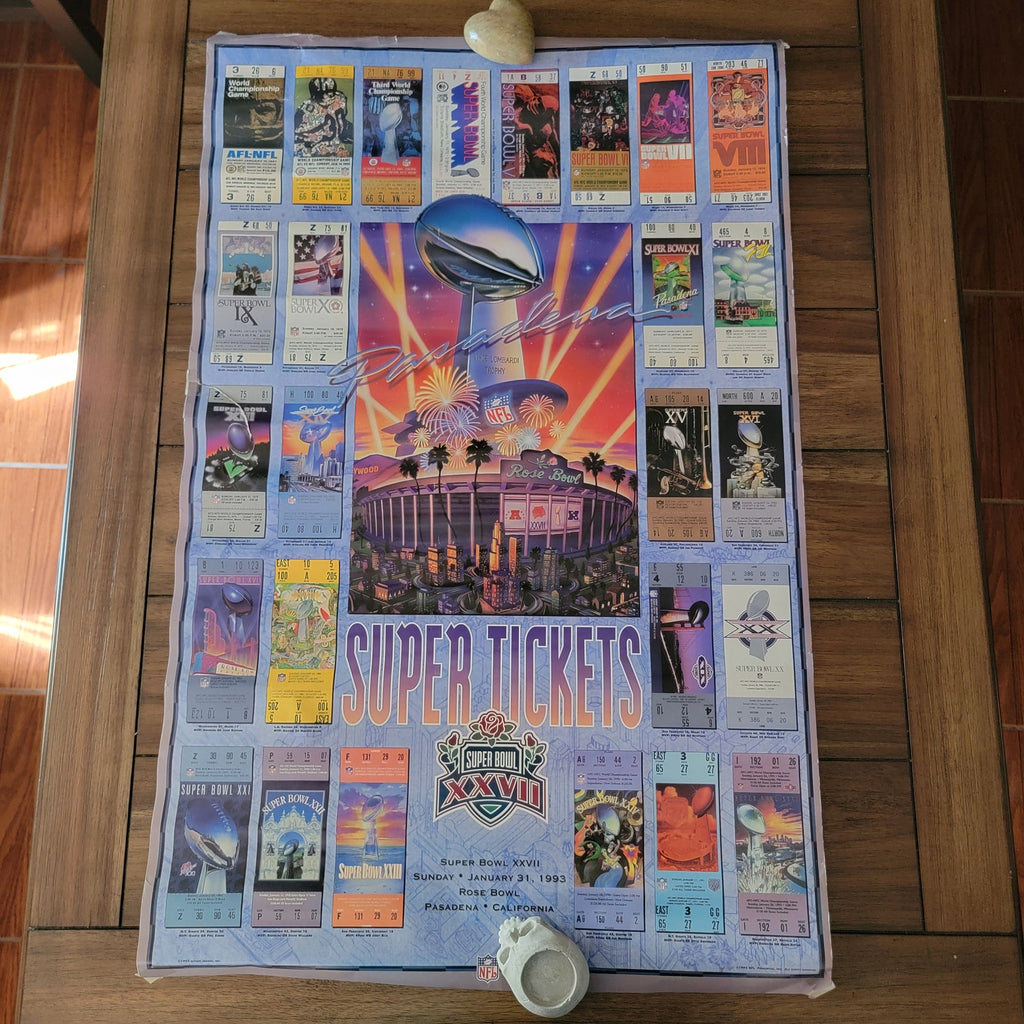 VINTAGE Poster Superbowl XXVII Rose Bowl 1993 + Super Tickets 23" x 36"