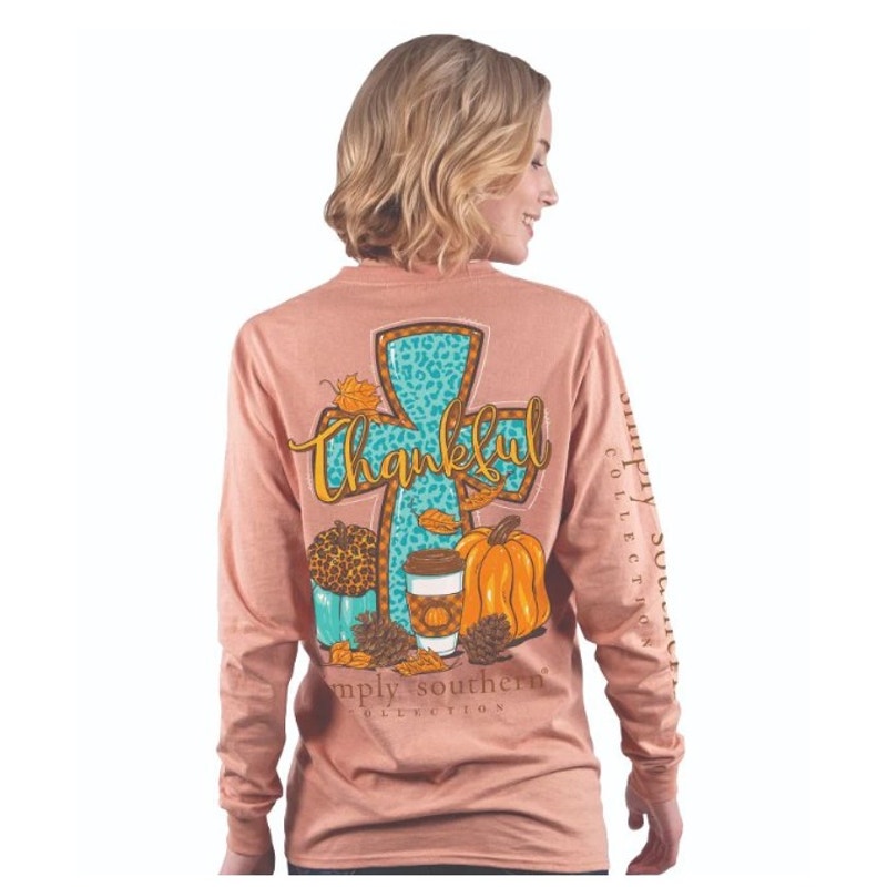 Simply Southern LS Peach Tee "Thankful-Grateful-Blessed" - Size Large