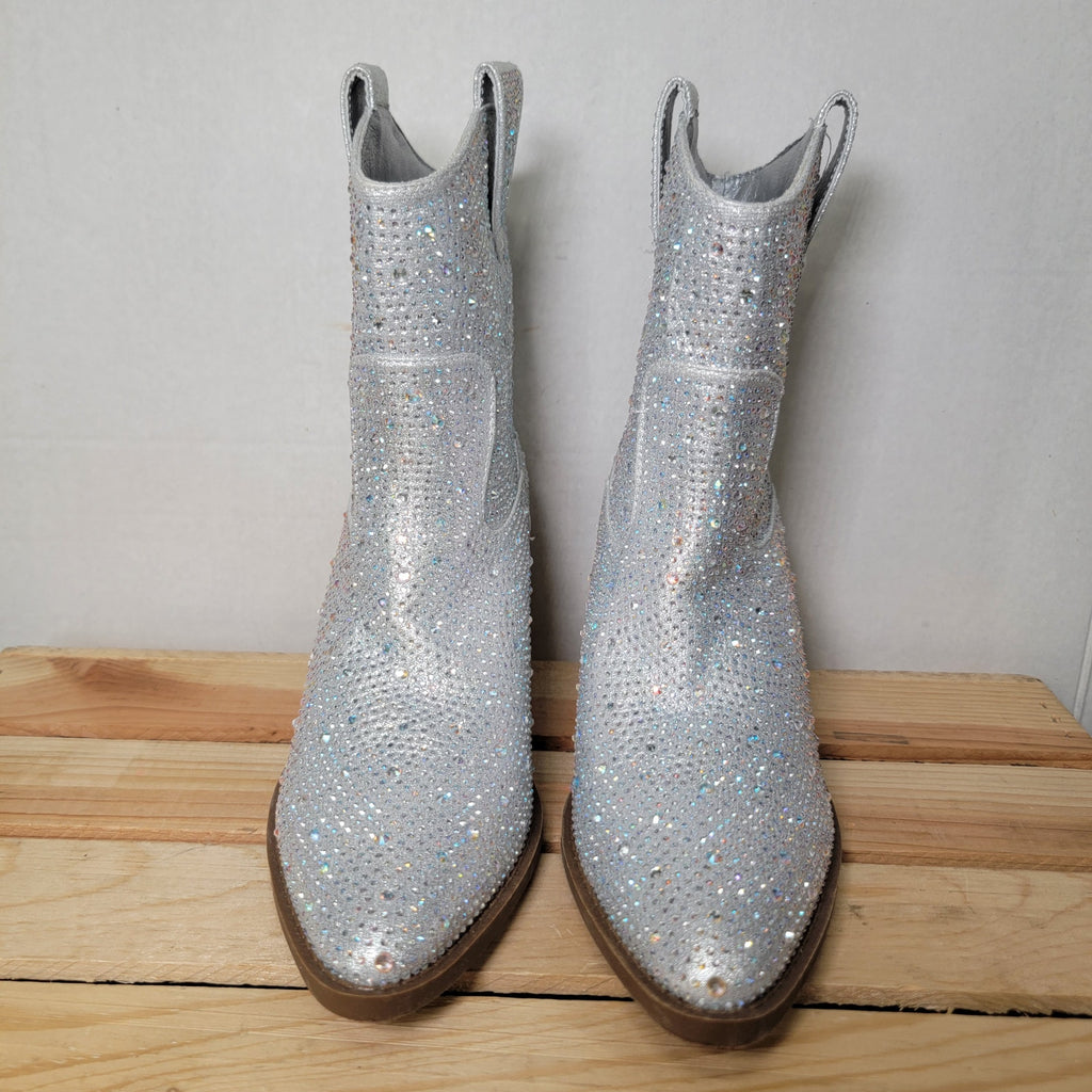 Forever Silver Rhinestone Cowboy Ankle Boots - Size 7
