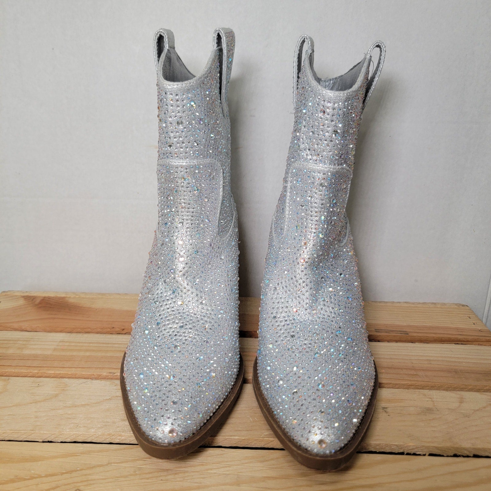 Forever Silver Rhinestone Cowboy Ankle Boots - Size 7