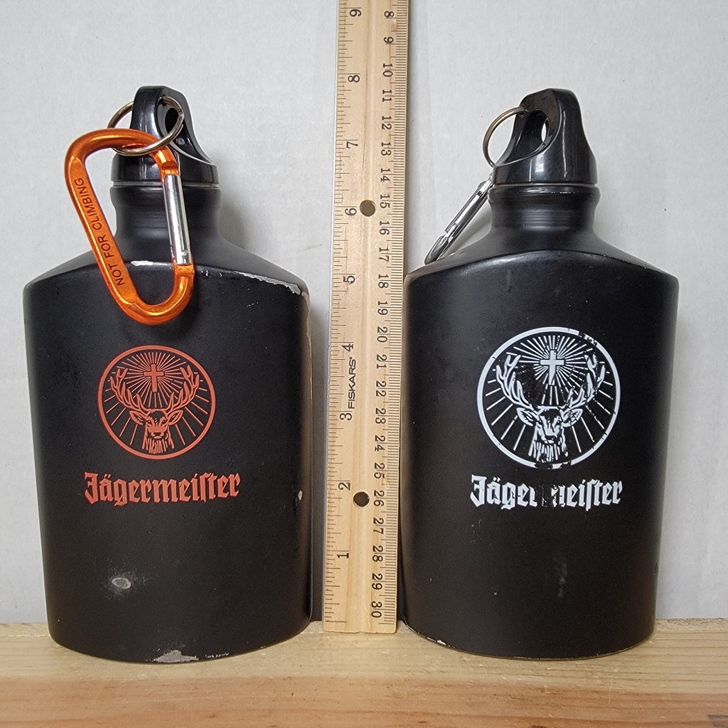 Set of 2 Jägermeister Black Aluminum Hip Flasks w/ Carabiners