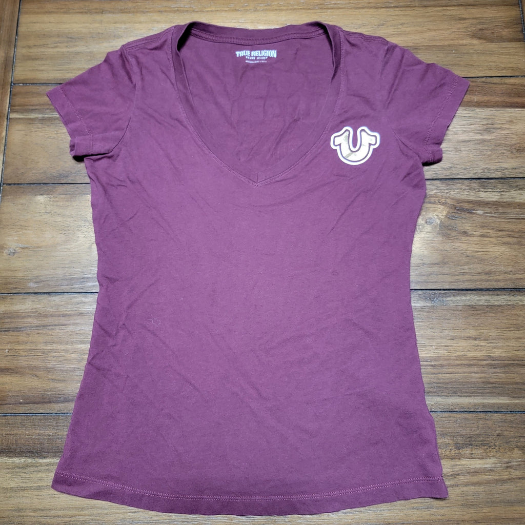 True Religion Burgundy V-Neck Tee "Fashion For The Senses" - Size Medium*