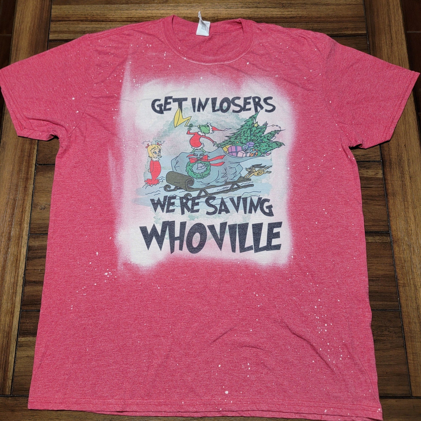 Dr. Seuss Red Bleach Dyed Unisex Christmas Tee "Get In Losers.." - Size XL