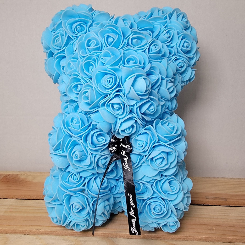 Light Blue Foam Rose Teddy Bear w/ "Just For You" Ribbon