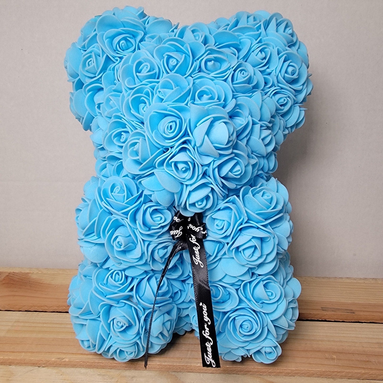 Light Blue Foam Rose Teddy Bear w/ "Just For You" Ribbon