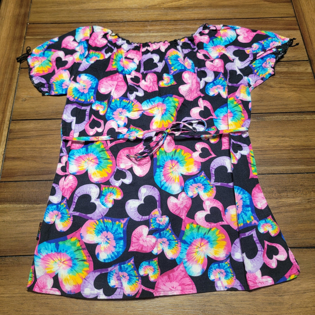 Peaches Psychedelic Hearts Scrub Blouse w/ Tie Neck - Size XS