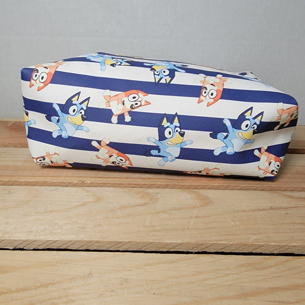 Bluey Blue & White Stripe Cosmetic Bag w/ All Over Characters & Zipper Closure