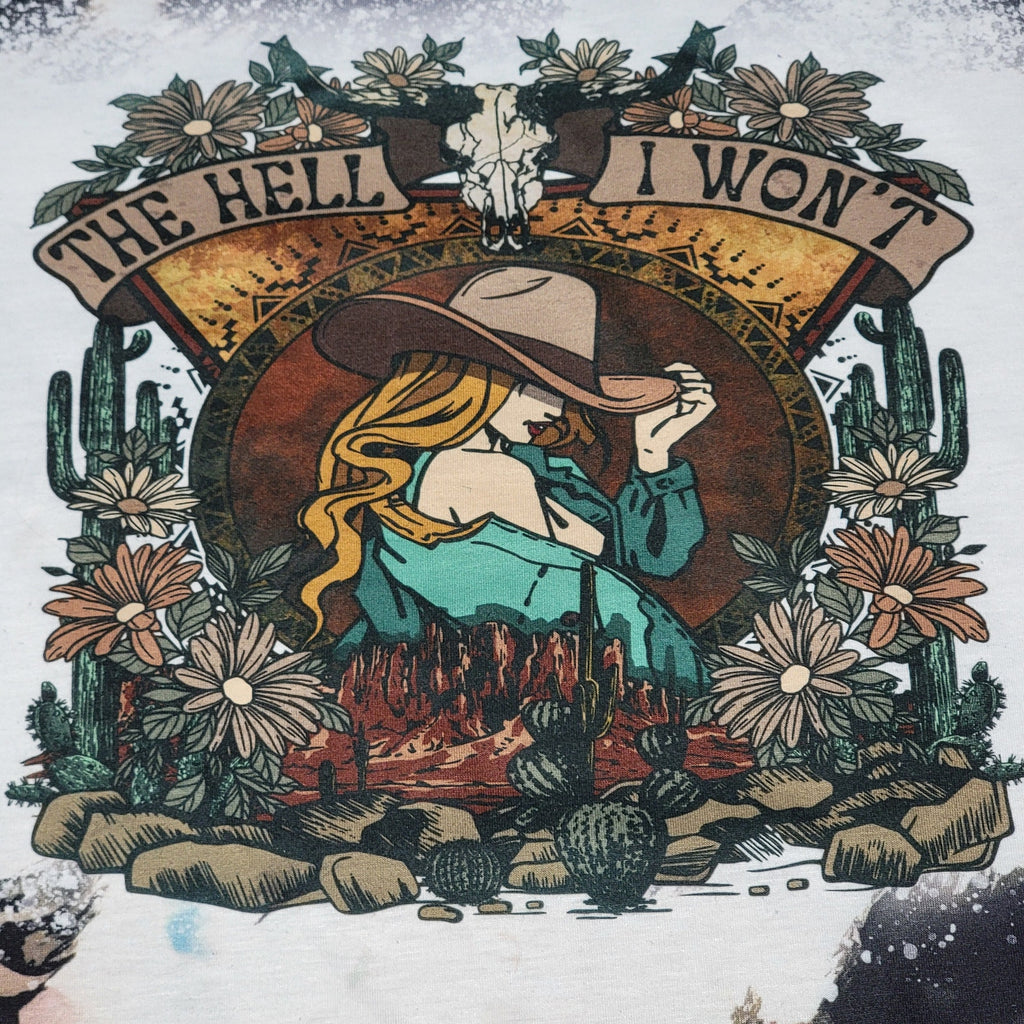 Unbranded Cowgirl Multi-Patterned Tee "The Hell I Won't" - Size Large
