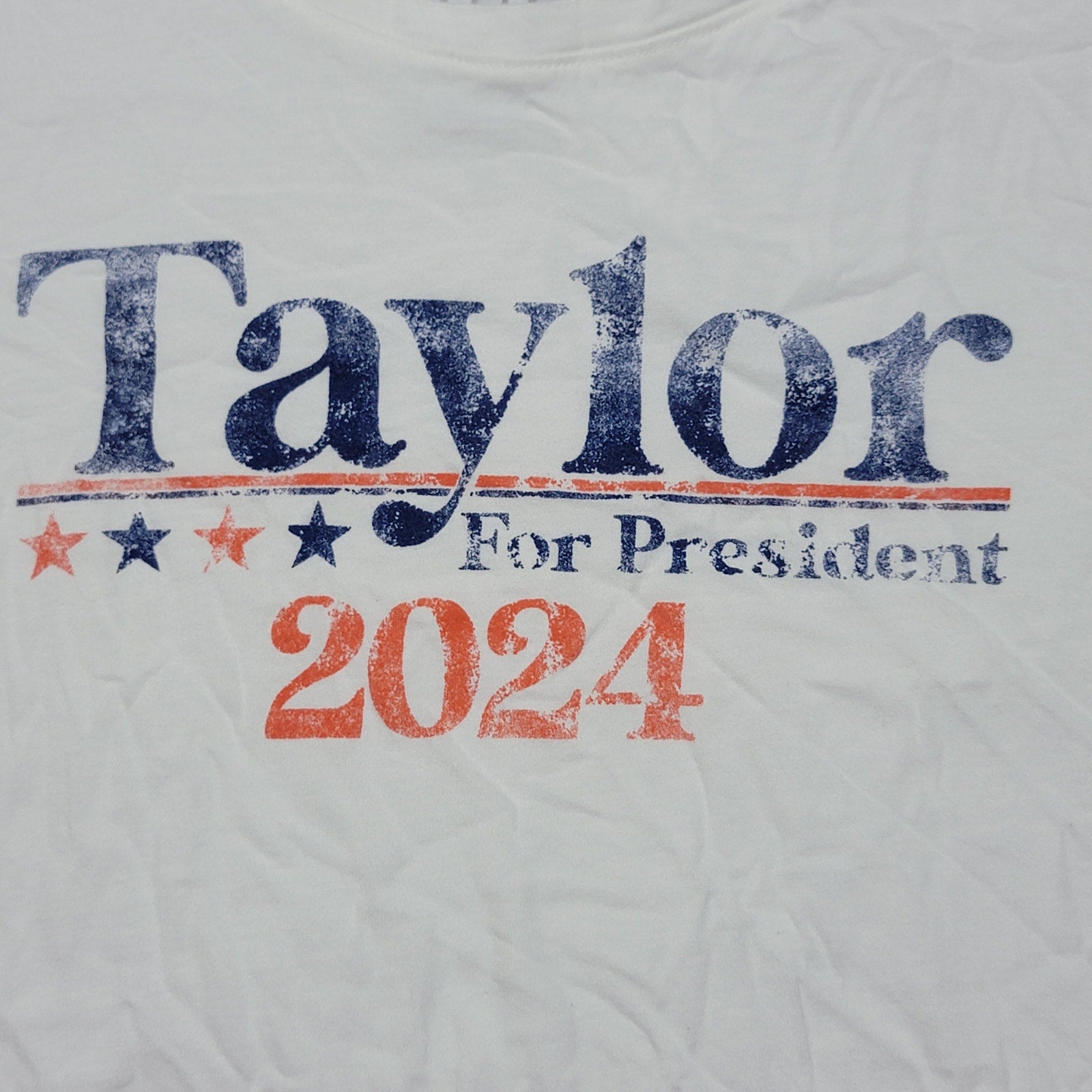 Taylor (Swift) For President 2024 White Crop Distressed Tee - Size Junior Large