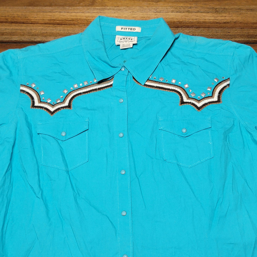 Ariat LS Pearl Snap Teal Fitted Western Shirt w/ Bling - Size XL