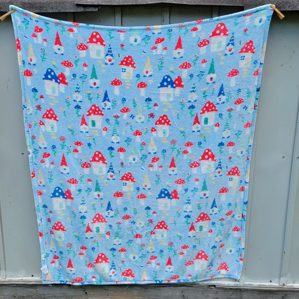 Light Blue Fleece Throw w/ Gnomes & Mushroom Houses - 50" x 59"