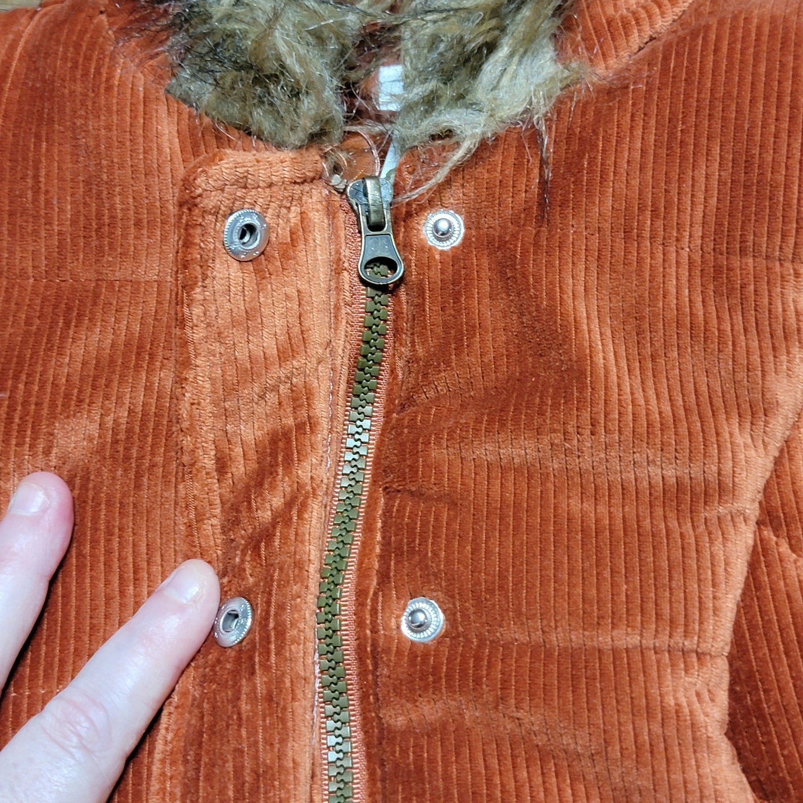Nicole Miller Corduroy Full Zip / Snap Puffer Vest w/ Faux Fur Lined Hood - 6