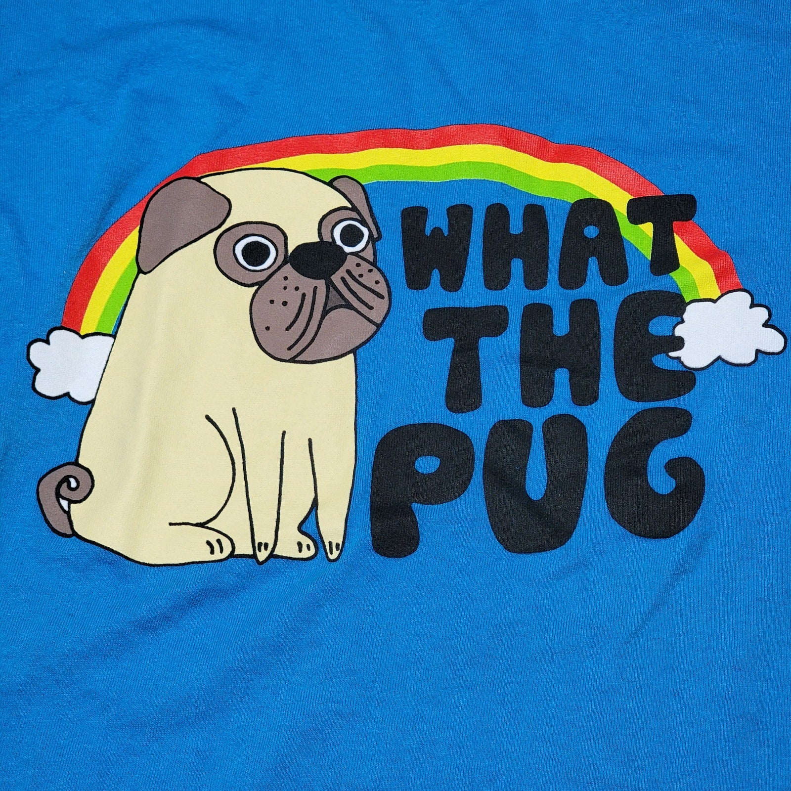 Pug Blue Unisex Tee "What The Pug" Rainbow - Size Medium