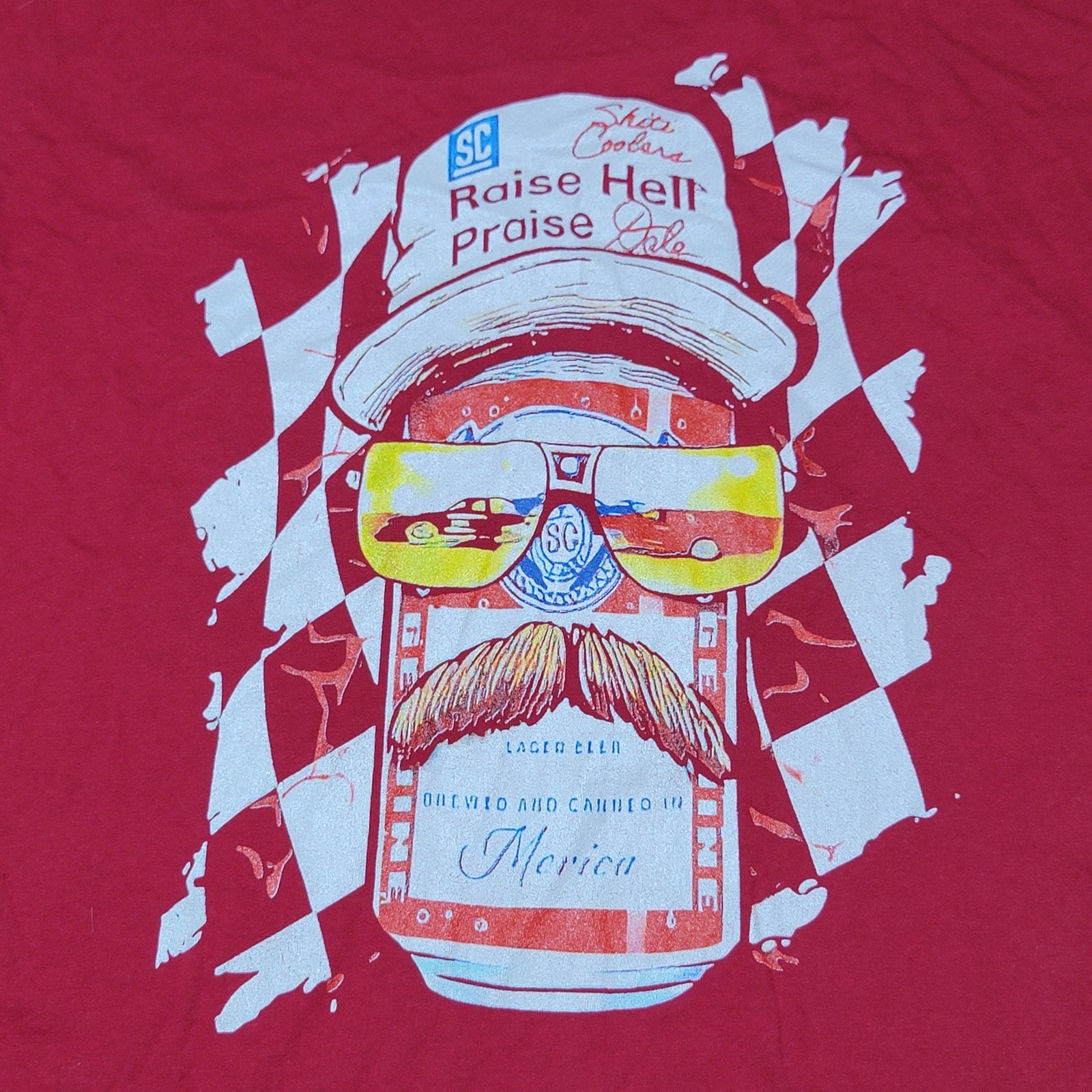 "Raise Hell Praise Dale" Red Tee Merica Beer Can - Size Large