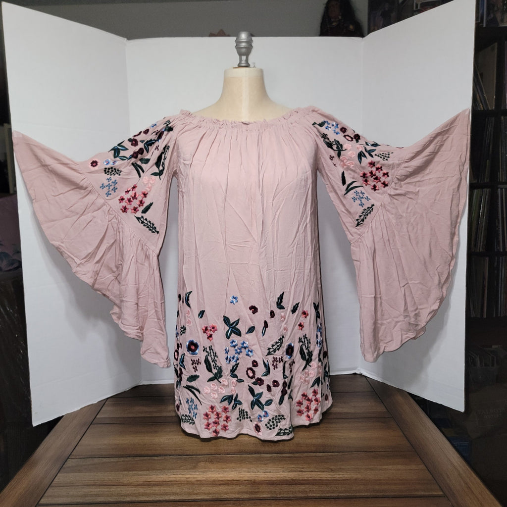 Altar'd State Long Pink Embroidered Blouse w/ Flared Sleeves - Size Small