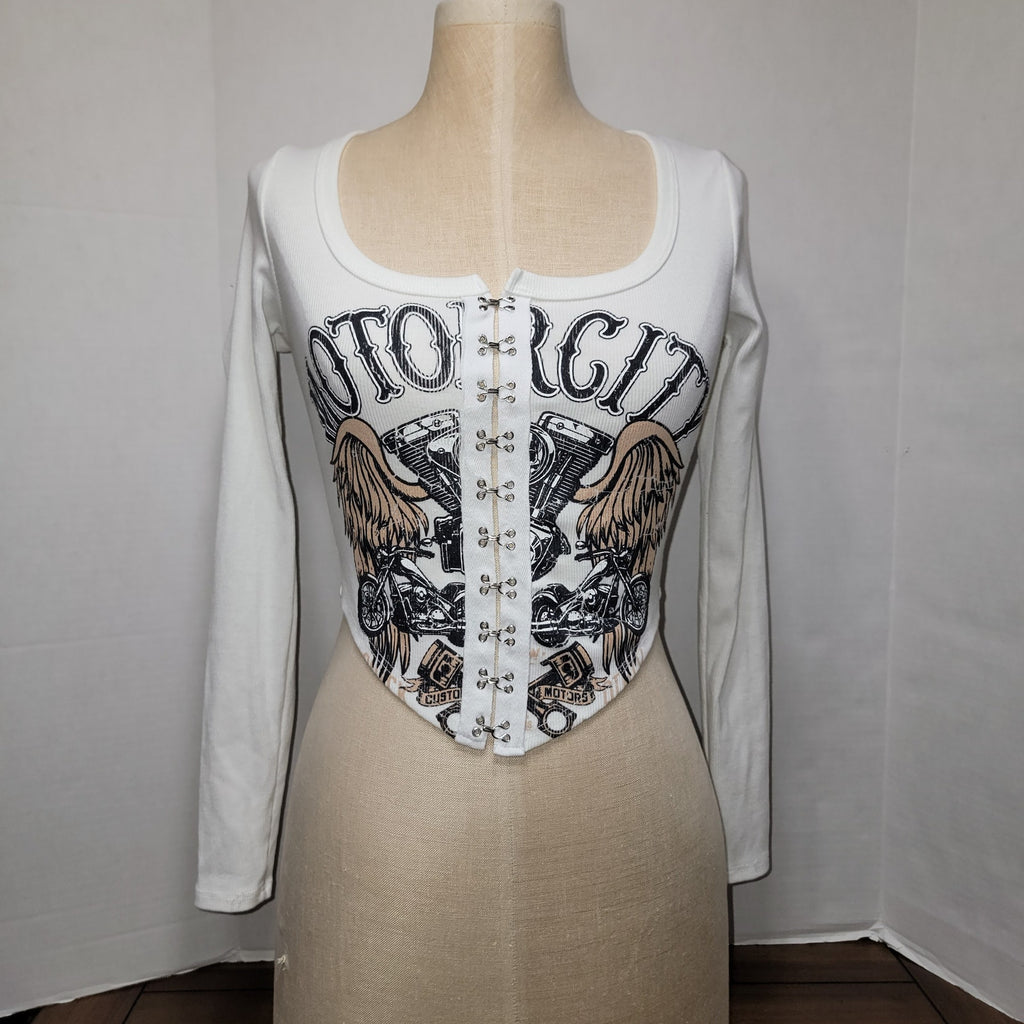Fashion Nova LS Ribbed Tee Front Hook Closure "Motor City" - Junior Medium