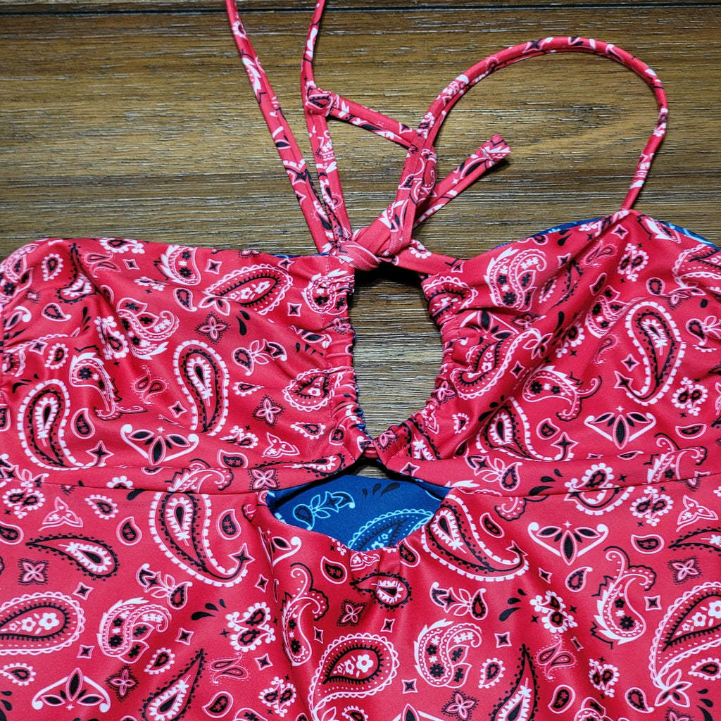 No Boundaries Red / Blue Bandanna Pattern Reversible 1 pc Swimsuit - Small