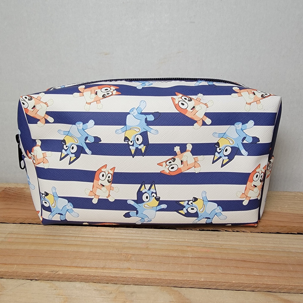 Bluey Blue & White Stripe Cosmetic Bag w/ All Over Characters & Zipper Closure