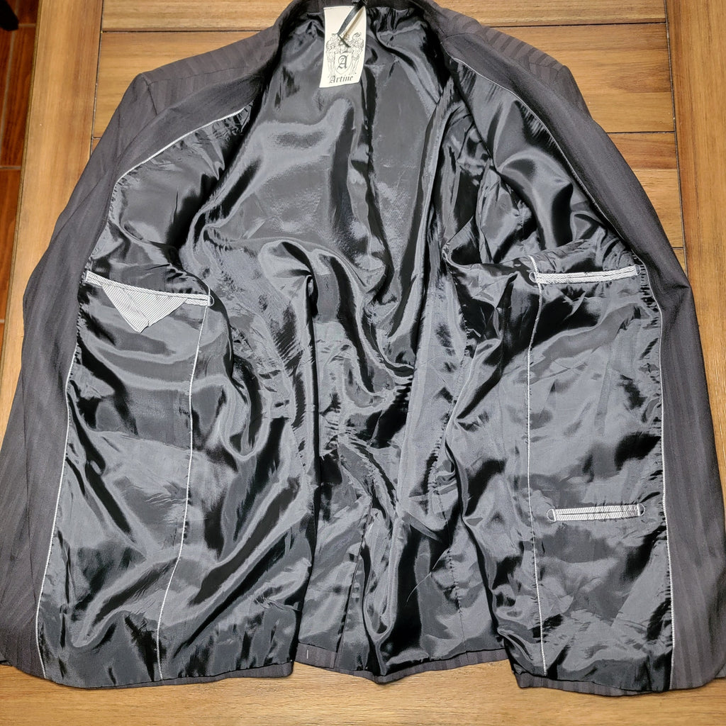 Artine Black Pinstripe 1-Button Suit Blazer w/ Bling Skull on Back - Size XL