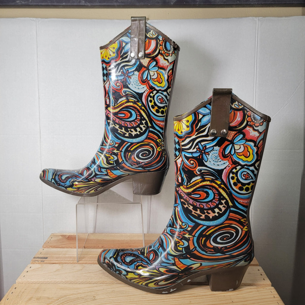 Rain Bops by Beehive Rain Boots Western Style w/ Paisley Pattern - Size 7