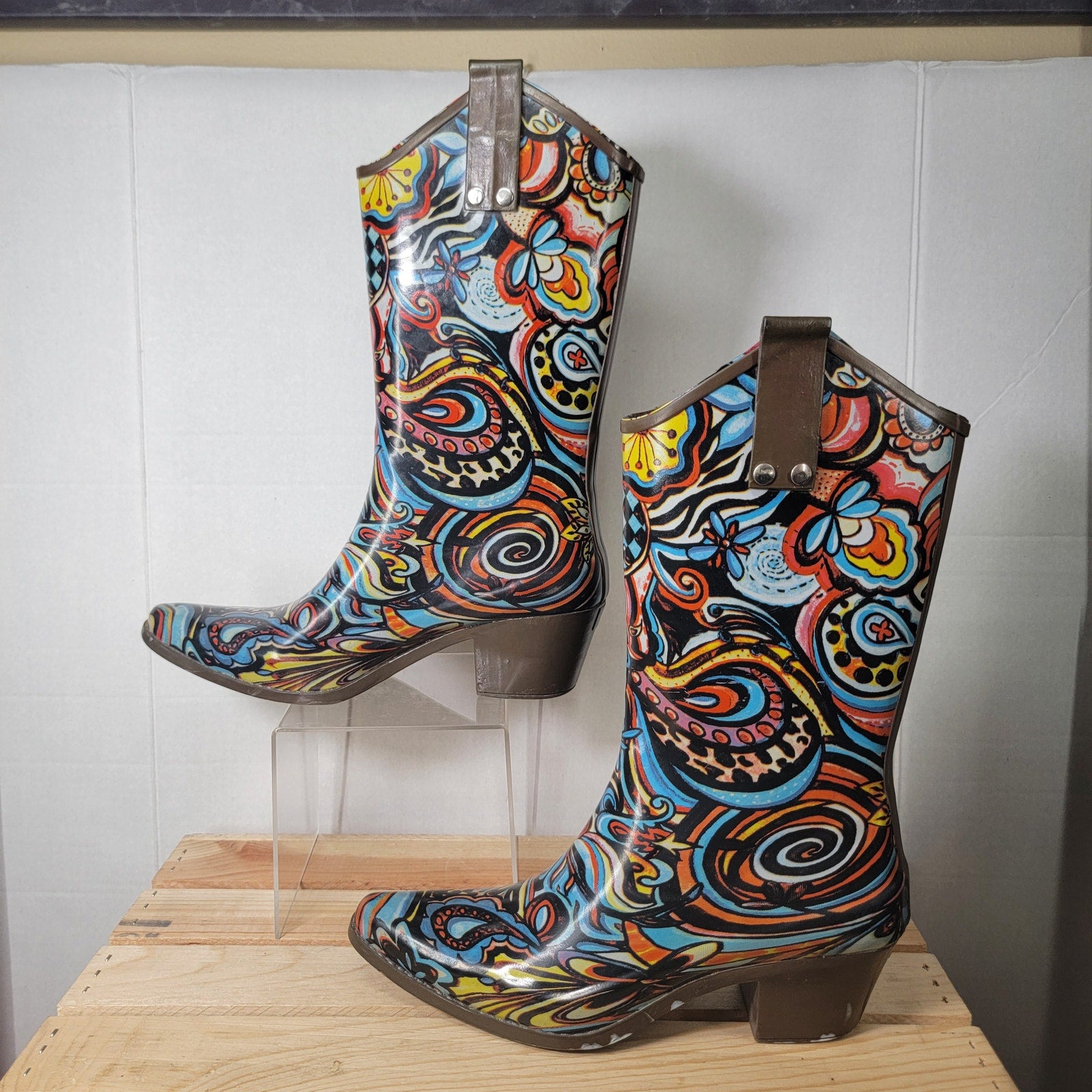 Rain Bops by Beehive Rain Boots Western Style w/ Paisley Pattern - Size 7