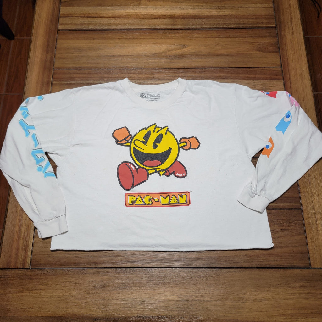 Pac-Man LS White Crop Tee "Power Up!" Sleeve - Size Large