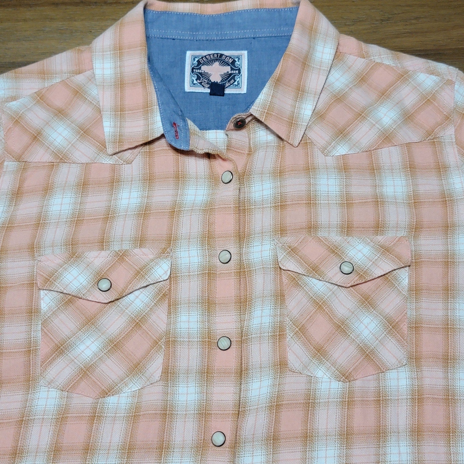 Desert Son Flag & Anthem Ladies Peach Plaid Pearl Snap Western Shirt - Medium