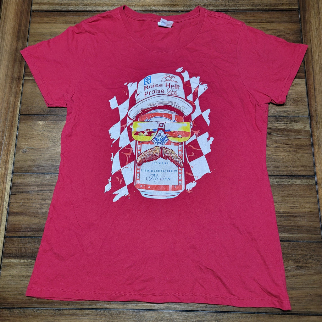 "Raise Hell Praise Dale" Red Tee Merica Beer Can - Size Large