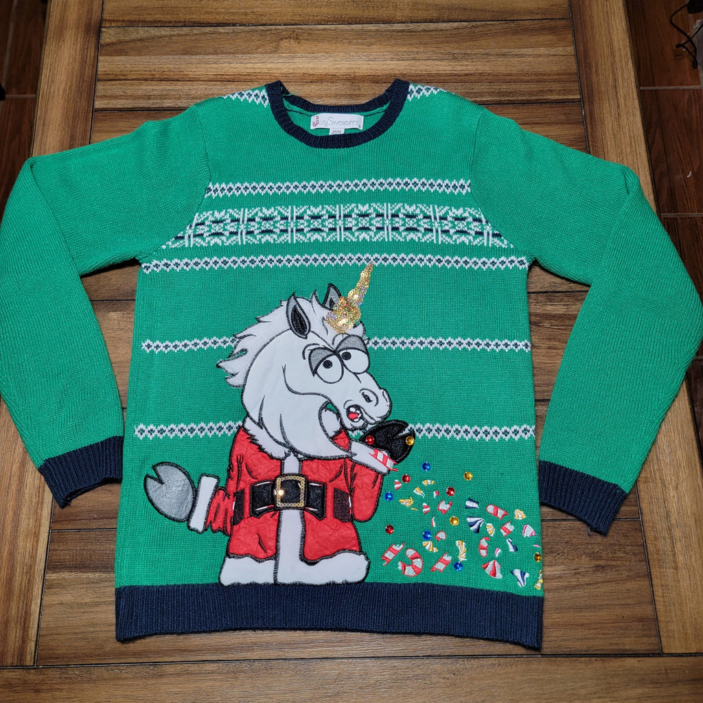 Jolly Sweaters Glitzy Unicorn Ugly Sweater w/ Sequin & Jewels - Size Medium