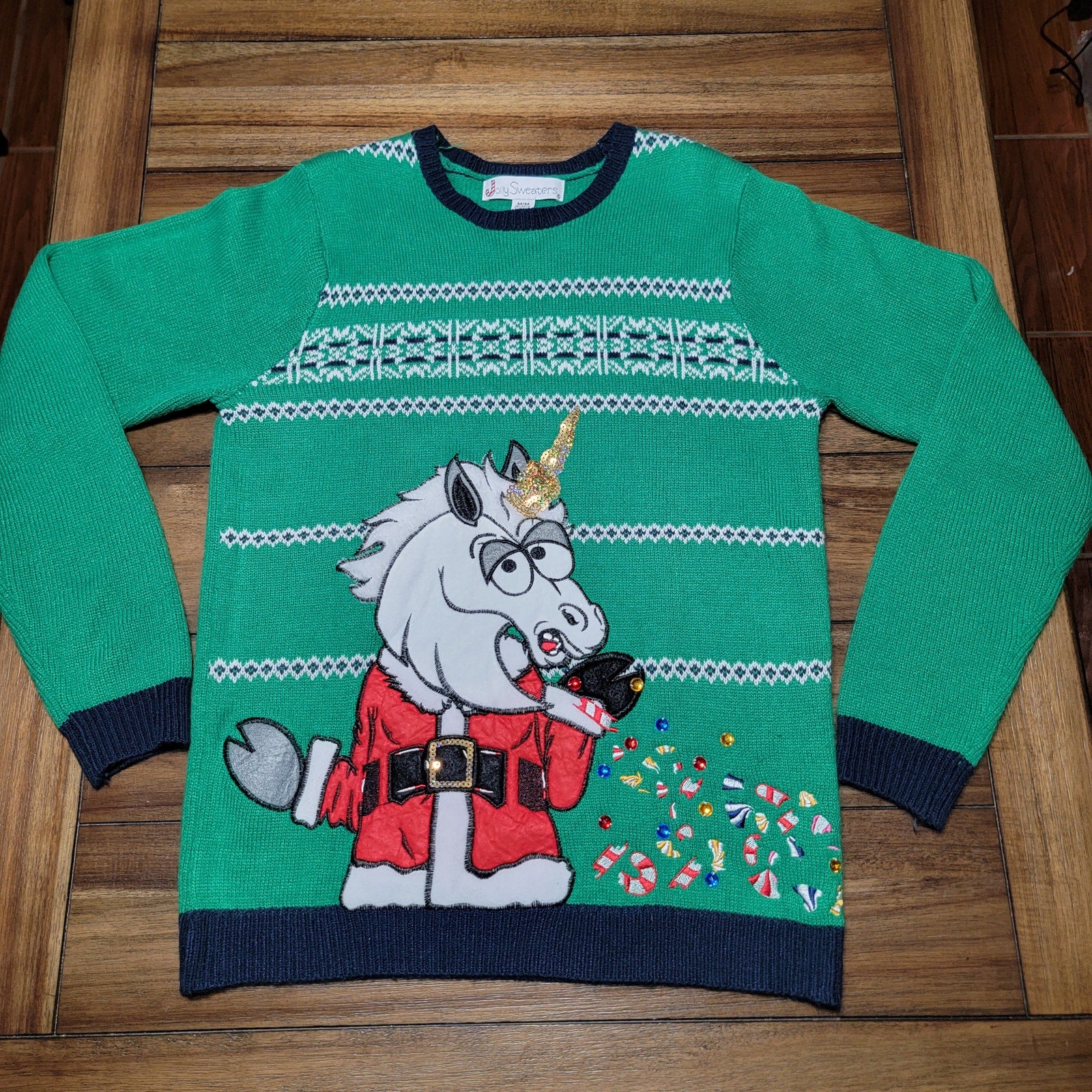 Jolly Sweaters Glitzy Unicorn Ugly Sweater w/ Sequin & Jewels - Size Medium