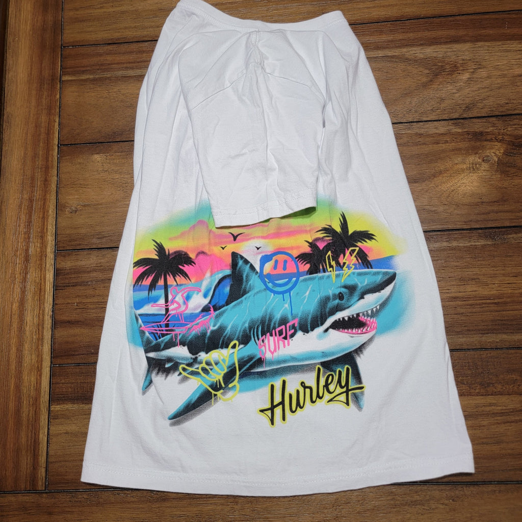 Hurley Kids White Tee Side Shark Surf - Size Large (12-13 Yrs)