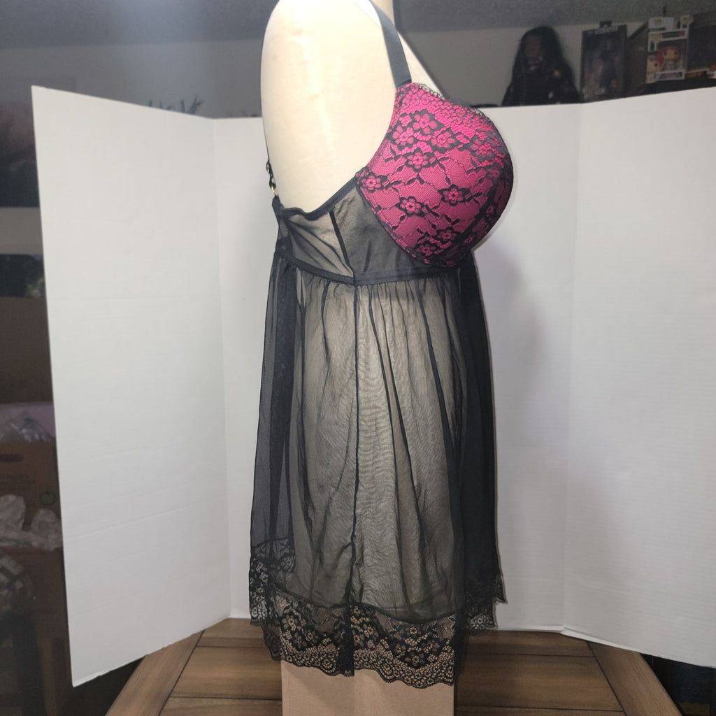Daisy Fuentes Pink & Black Lace Sheer Babydoll Lingerie - Size 2X