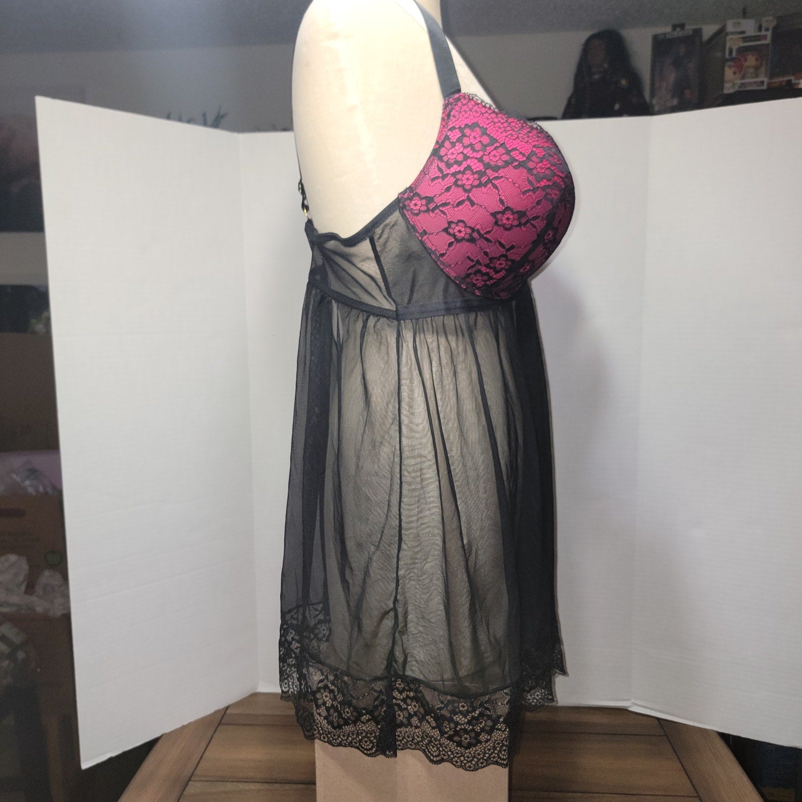 Daisy Fuentes Pink & Black Lace Sheer Babydoll Lingerie - Size 2X