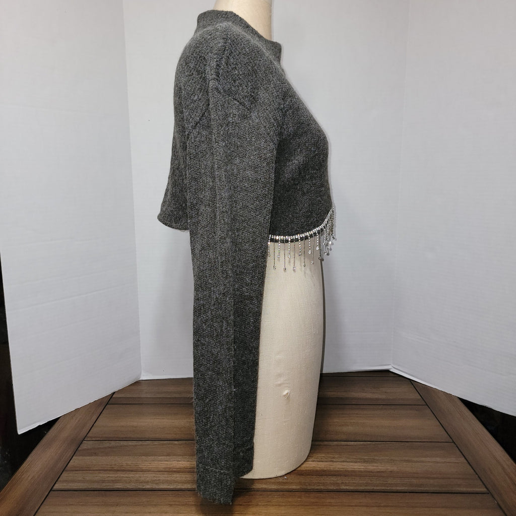Zara LS Dark Grey Crop Sweater w/ Faux Diamond Hem - Size Medium
