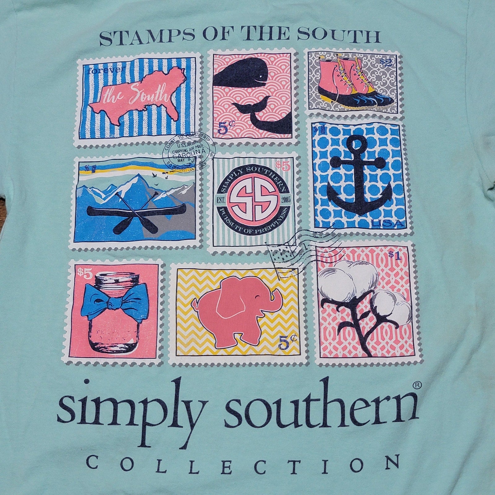Simply Southern LS Teal Tee "Stamps Of The South" - Size Small