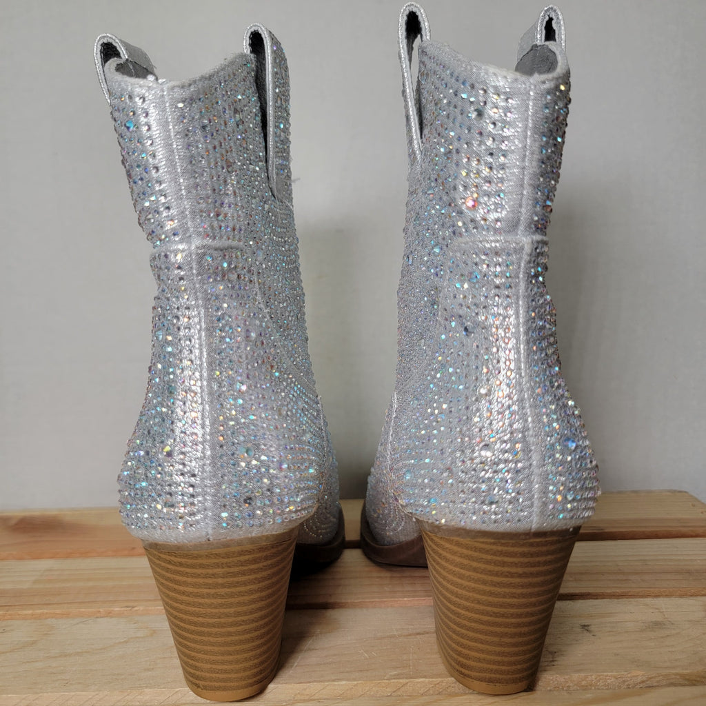 Forever Silver Rhinestone Cowboy Ankle Boots - Size 7
