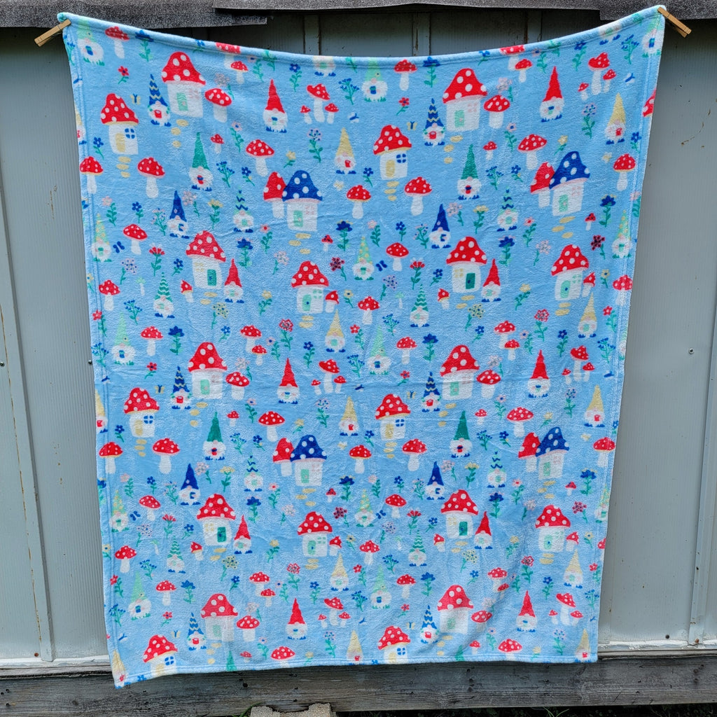 Light Blue Fleece Throw w/ Gnomes & Mushroom Houses - 50" x 59"