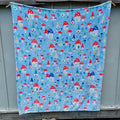 Light Blue Fleece Throw w/ Gnomes & Mushroom Houses - 50" x 59"