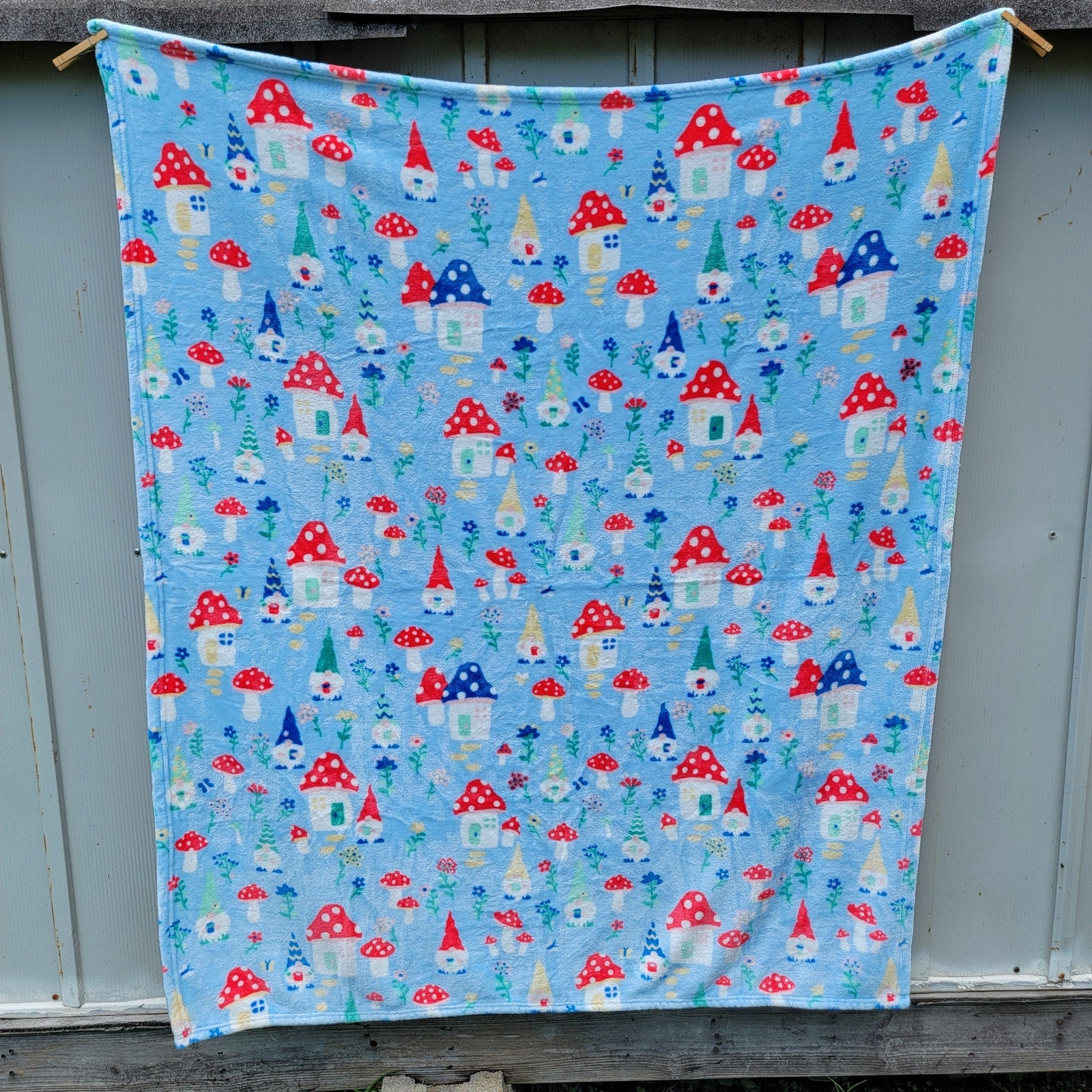 Light Blue Fleece Throw w/ Gnomes & Mushroom Houses - 50" x 59"