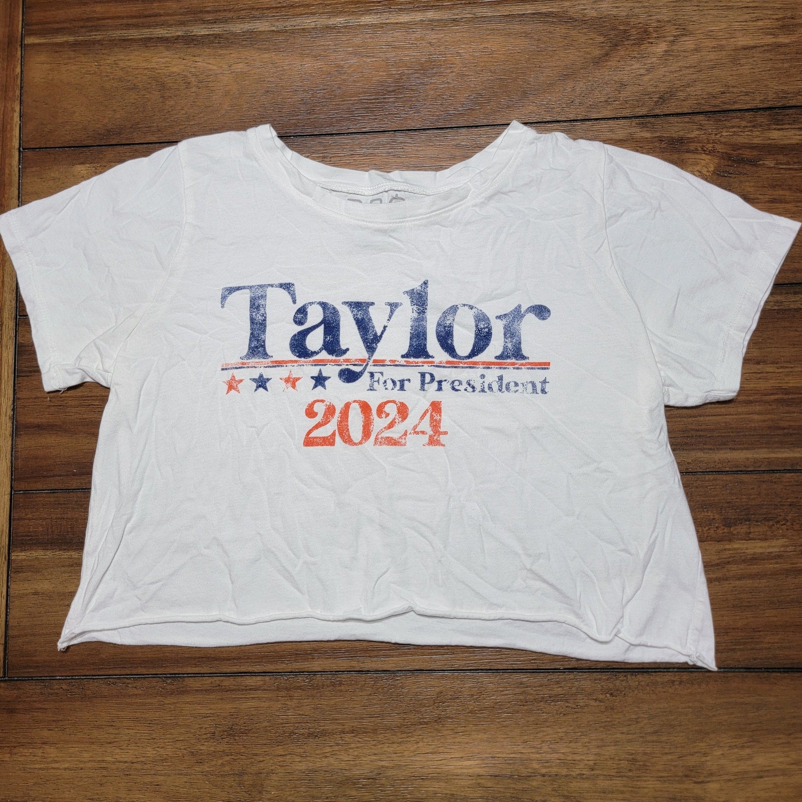 Taylor (Swift) For President 2024 White Crop Distressed Tee - Size Junior Large