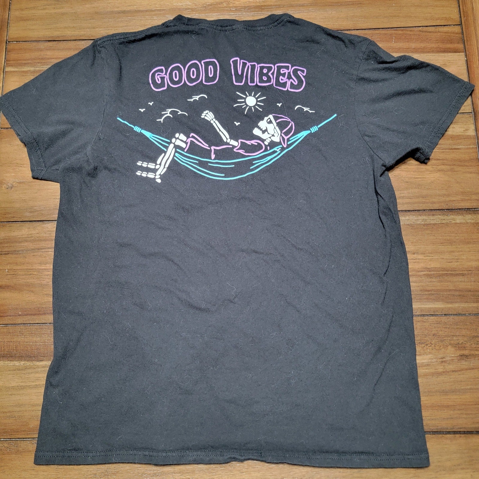Call Your Mother Black Unisex Tee "Good Vibes" Skeleton Hammock - Size Med