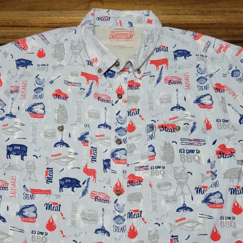 Coleman Lt Blue Button Up Shirt Grilling Meats - Size XXL