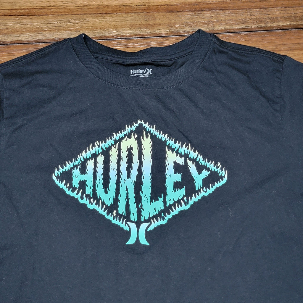 Hurley LS Youth Black Tee Blue Flame Diamond Logo - Size XL (13-15 Yrs)