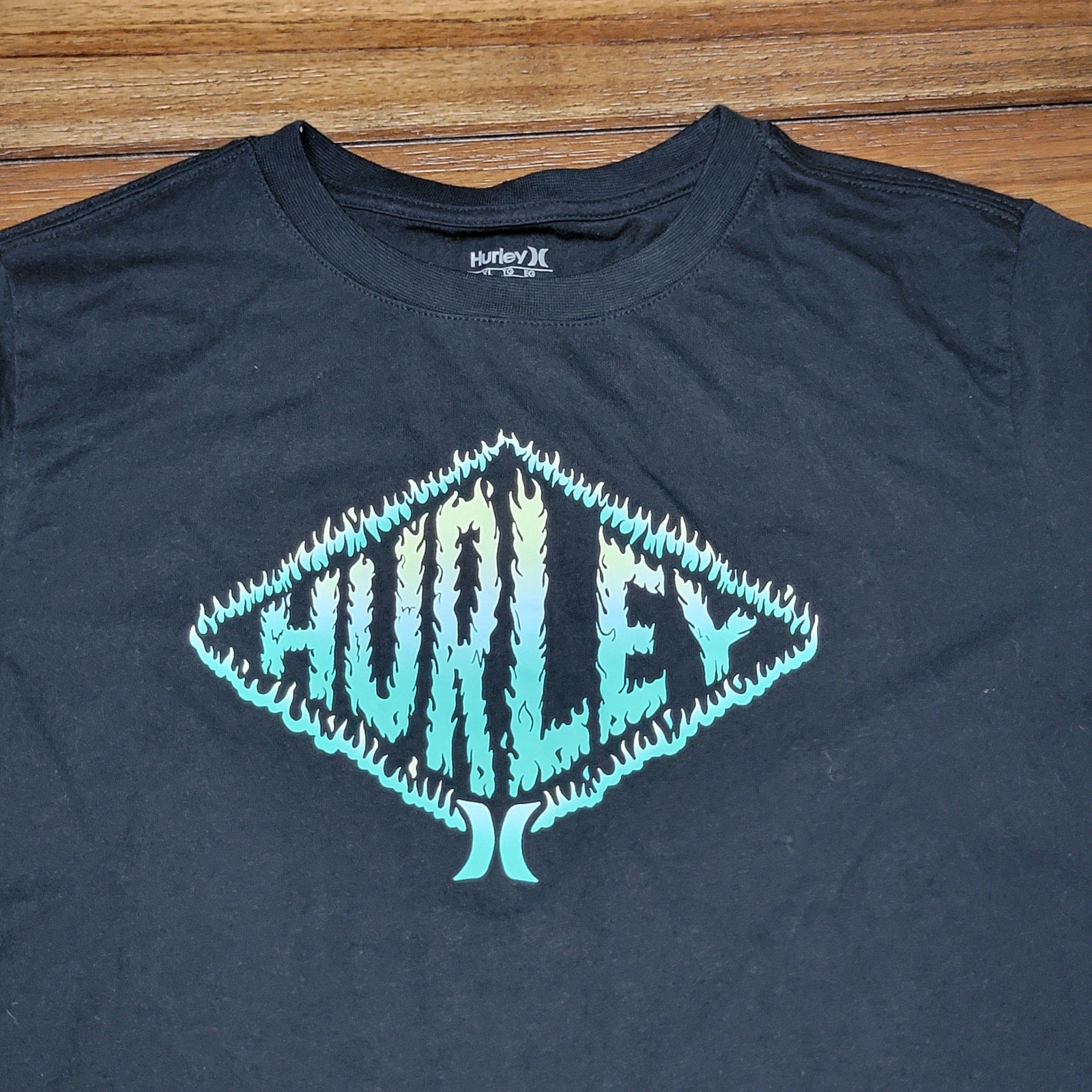 Hurley LS Youth Black Tee Blue Flame Diamond Logo - Size XL (13-15 Yrs)