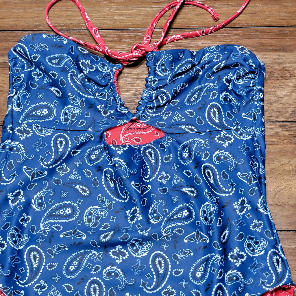 No Boundaries Red / Blue Bandanna Pattern Reversible 1 pc Swimsuit - Small