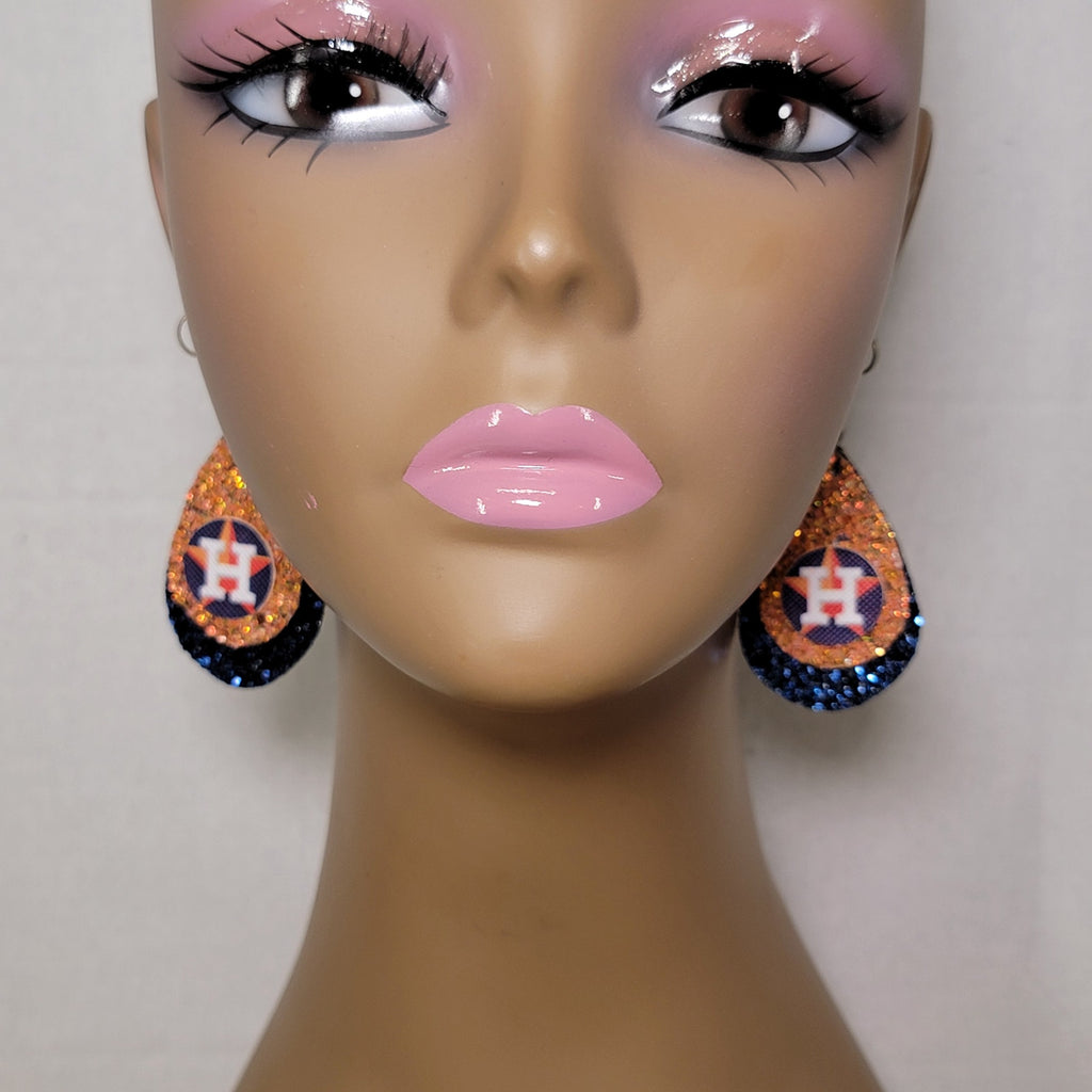 Houston Astros Orange and Blue Tear Drop Glitter Hook Earrings