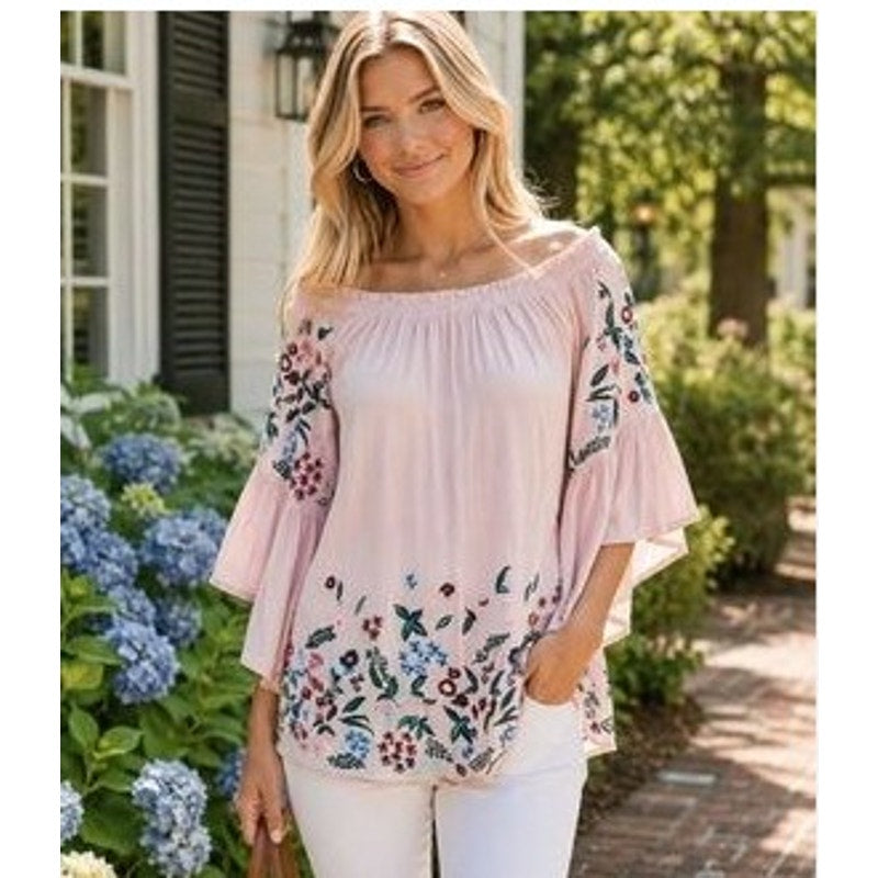 Altar'd State Long Pink Embroidered Blouse w/ Flared Sleeves - Size Small